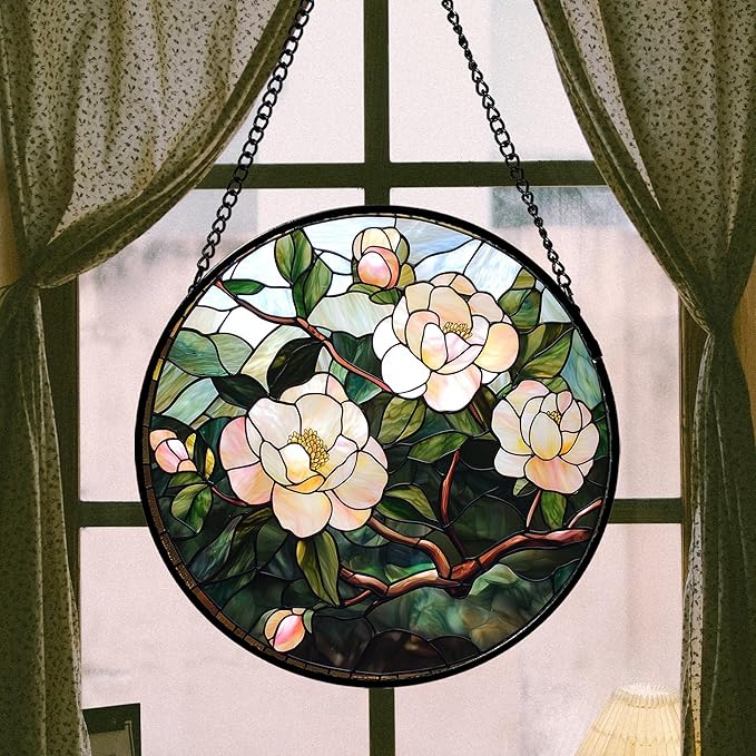 AMDERVEN Stained Glass Suncatcher, Light Pink Flowers Green Leaf Sun Catcher Plant Stain Glass Window Hanging Decoration Mother's Day Birthday Gifts for Women Men Mom Nana 9.8 in