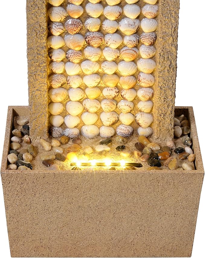 Teamson Home Coastal Seashells Design Outdoor Water Fountain–Warm Glow Lighting with Steady Flow & Electric Pump, Brown
