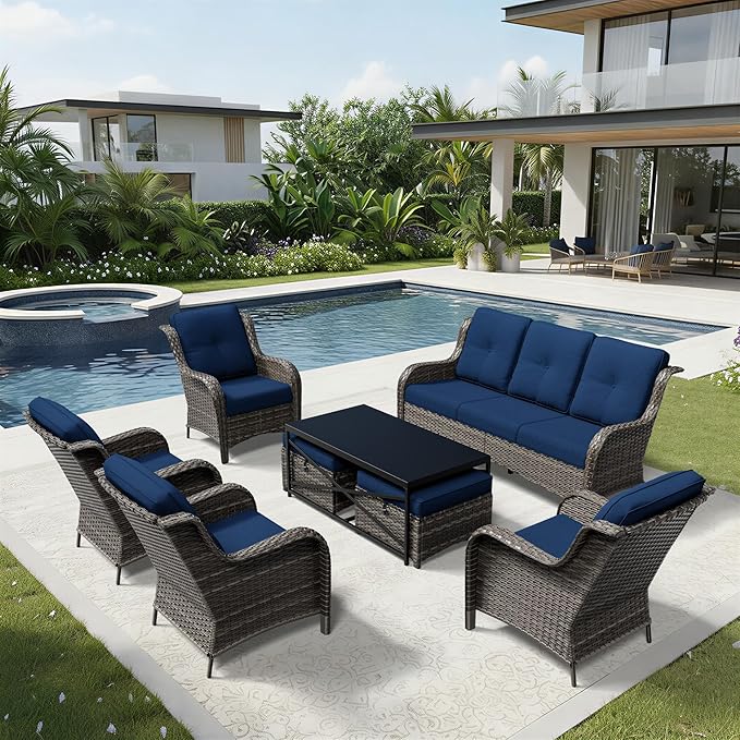 Joyside 8 Piece Wicker Patio Furniture Set, Rattan Patio Chairs with High Back, Deep Seating, Wide Armrest, Thickened Cushions, Outdoor Furniture for Deck, Porch Use