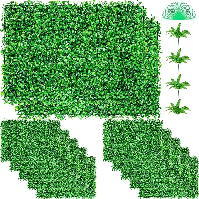 VEVOR 12PCS Grass Wall Panels, 24 x 16 in for 32 Sq Ft, Boxwood Hedge Wall Panels Artificial Grass Backdrop Wall, 1.6 in Sun Protected Privacy Hedge Screen for Indoor Outdoor Garden Fence Backyard