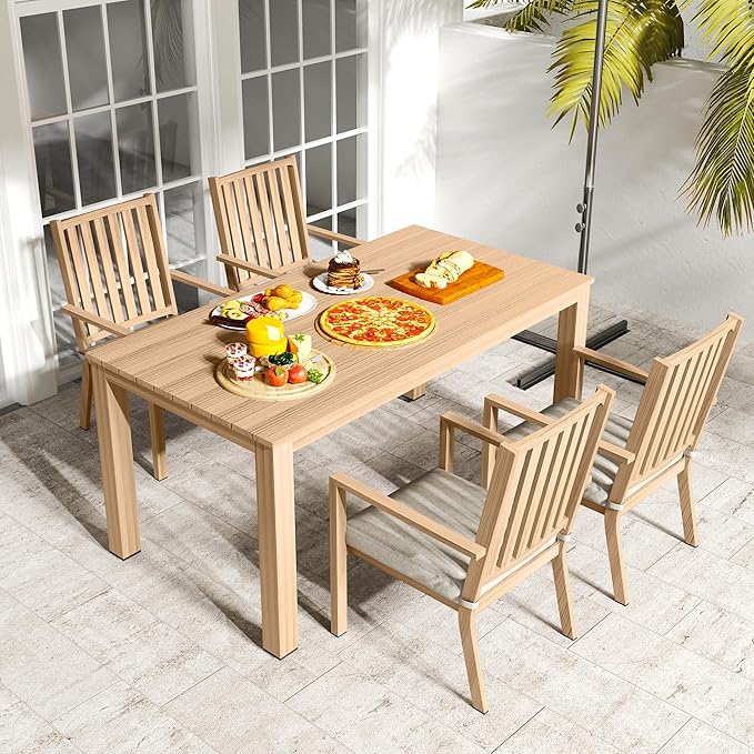RoyalCraft 5 Pieces Patio Table and Chairs Set, Aluminum Outdoor Dining Table with 4 Chairs, Outdoor Patio Dining Sets with Removable Cushion for Garden, Backyard, Lawn, Brown