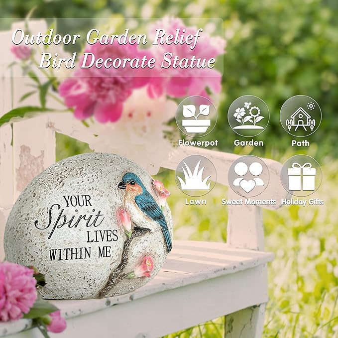 Bluebird Memorial Garden Stone Decoration,Sympathy Gift for Loss of Loved One,Outdoor Tribute Plaque with "Your Spirit Lives Within Me" Engraving,Spirit inspirational Memorial blue bird figurine