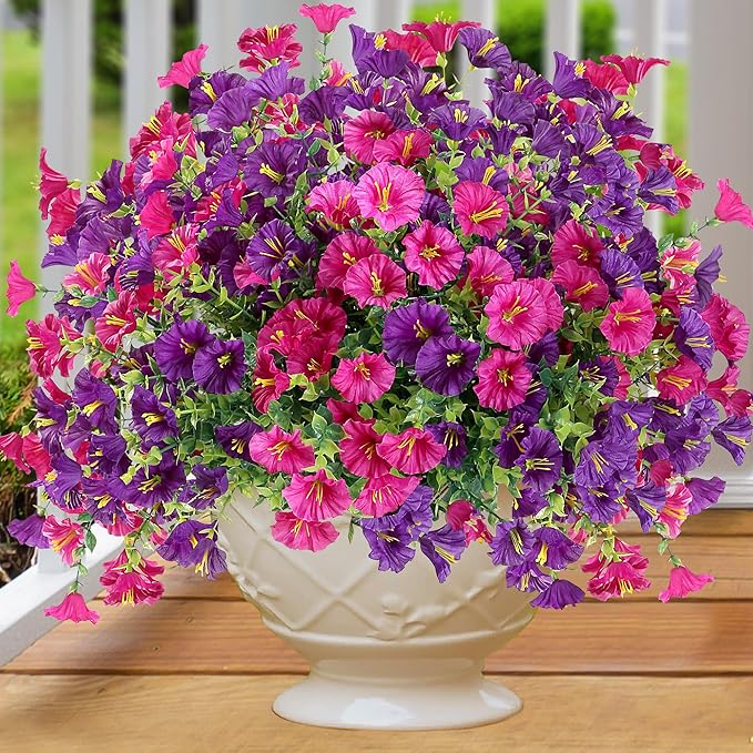 Artificial Flowers for Outdoors 12 Bundles Realistic Faux Plants UV Resistant Fake Silk Morning Glory with Eucalyptus for Front Door Planter Patio Porch Spring Summer Decoration (2 Mixed Color)