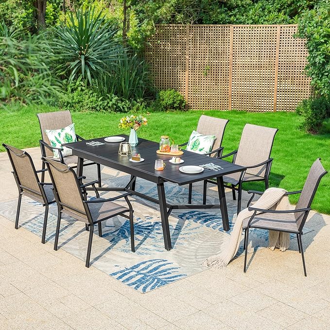 MFSTUDIO Patio Table and Chairs Set, 7 Pieces Outdoor Dining Set with 6 Patio Dining Chairs and 1 Heavy Duty Metal Expandable Table for 6, All Weather Resistant Patio Dining Furniture, Grey