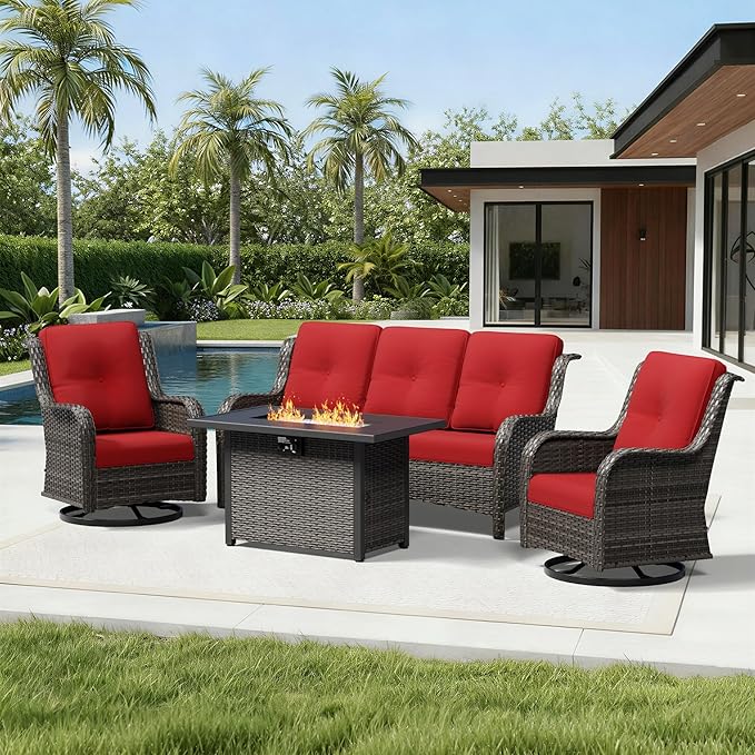 Joyside 4 Piece Wicker Patio Furniture Set with Fire Pit Table, Outdoor Swivel Rocker Patio Chairs with High Back, Deep Seating, Wide Armrest, Thickened Cushions, Outdoor Furniture for Deck, Porch Use