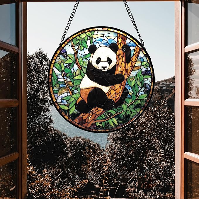 Stained Glass Window Hanging - Cute Panda Suncatcher for Doors Garden Patio Sun Catchers Decor Christmas Mother's Day Birthday Teenager Gifts for Women Men Mom Nana Friend 7.8 in