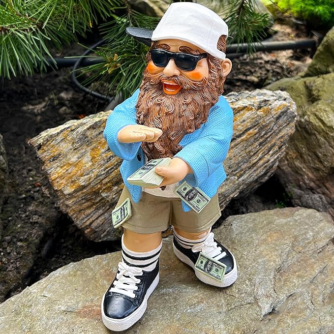 Mood Lab Garden Gnome - Lucky Rich Gnome Statue - 9.25 Inch Tall Lawn Figurine - for Outdoor or House Decor