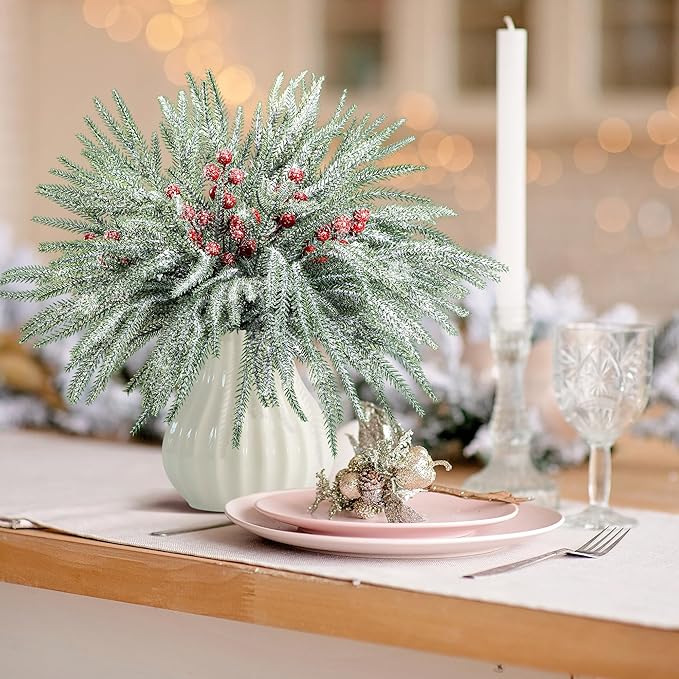 60 Pcs Christmas Snow Norfolk Pine Branches with Red Berry Stems, Snowy Artificial Xmas Branches Pine Tree Needle, Berries White Frosted Fake Greenery Norfolk Pines Stems Sprigs for Garland Home Decor