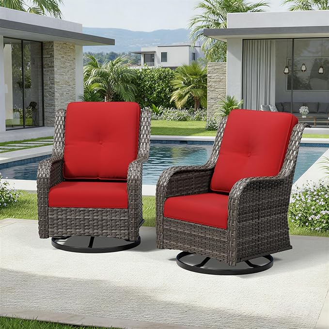 Joyside Swivel Patio Chairs Set of 2, Wicker Patio Furniture with High Back, Deep Seating, Wide Armrest, Thickened Cushions, Outdoor Rattan Furniture for Deck, Porch Use