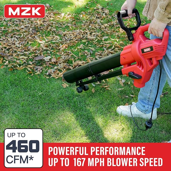 MZK 3 in 1 Electric Leaf Blower Corded, Leaf Vacuum and Leaf Mulcher, 460 CFM, 167 MPH Airflow, Corded Blowers with 40L Leaf Collection Bag for Yard, Garden