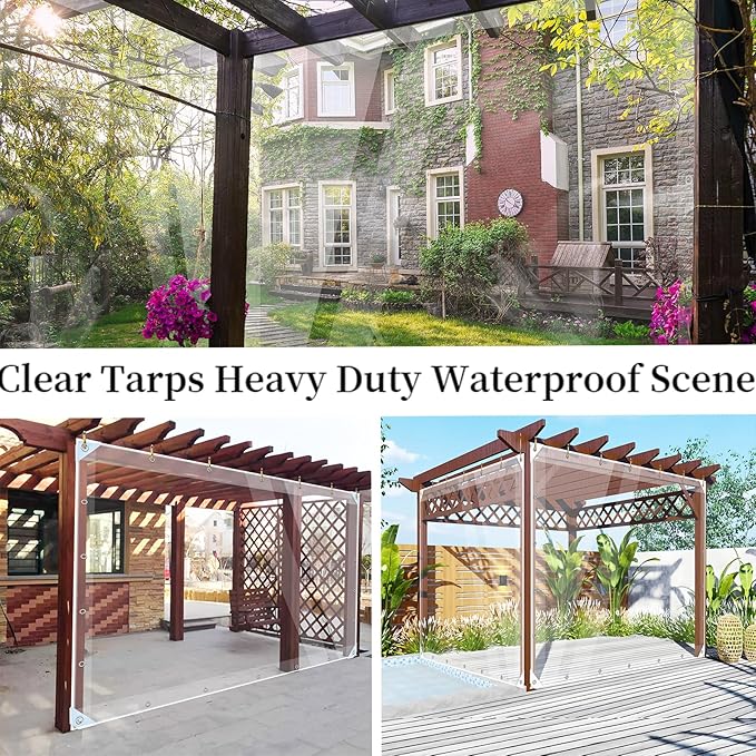 Clear Tarps Heavy Duty Waterproof 8x20ft Clear Tarp with Grommets 14mil Thickened Transparent Tarpaulin Tear Resistant for Patio Pergola Garden Canopy, Rainproof, Wind-Proof, Anti-Tear