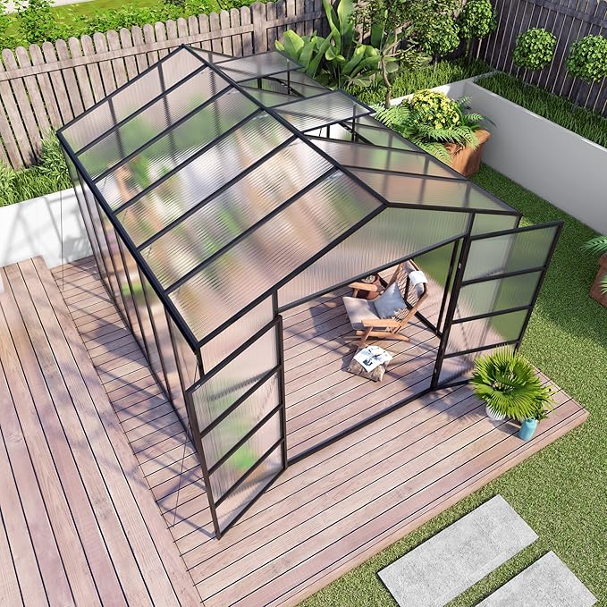 10x12T Greenhouse,Outdoor Polycarbonate Greenhouse with Roof Vent & Integrated Gutters,Aluminum Large Walk-in Green House W/ Reinforced Frame for Outside Garden Backyard,Black