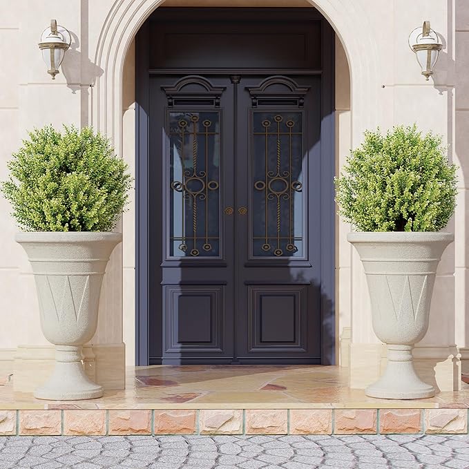seethmi 23" Tall Planters for Outdoor Plants Set of 2, Planter with Drainage Holes and Trophy Design, Large Outdoor Planters for Porch, Garden, Beige