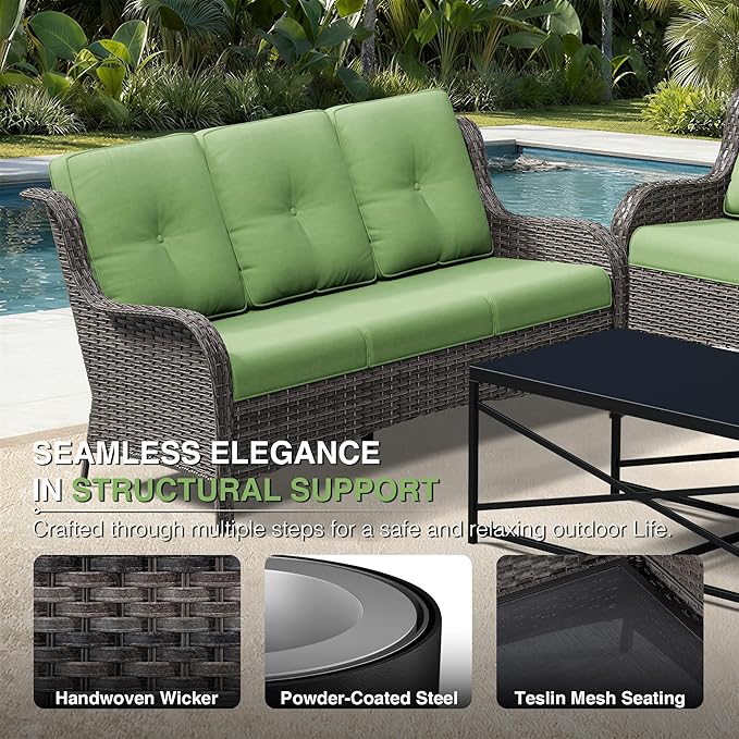 Joyside 6 Piece Wicker Patio Furniture Set, Rattan Patio Chairs with High Back, Deep Seating, Wide Armrest, Thickened Cushions, Outdoor Furniture for Deck, Porch Use