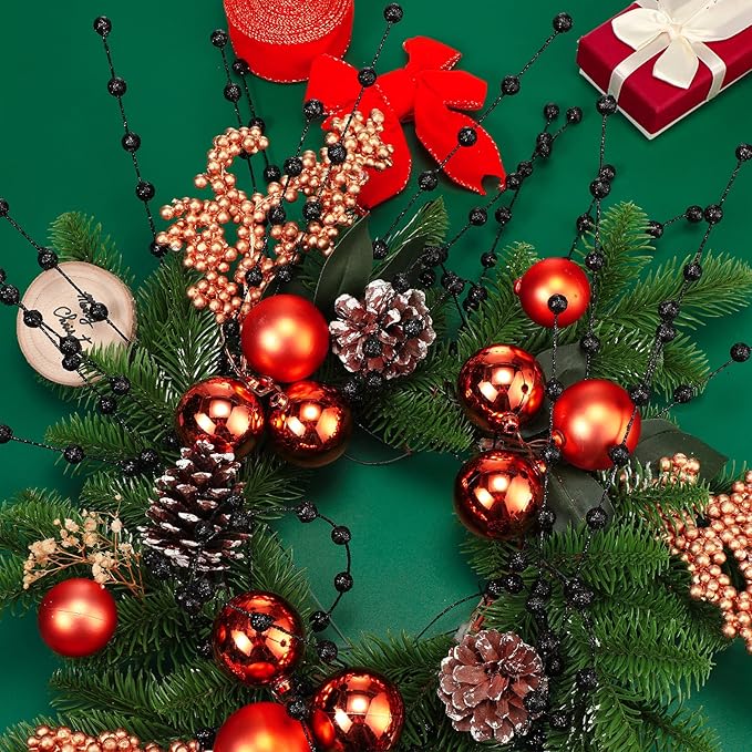 Syhood 200 Pcs Glitter Berry Stems, 13.8 Inches Christmas Berry Picks Holly Branches for Christmas Tree Decorations, Holiday Ornaments Home Decor and DIY Crafts(Glitter Black)