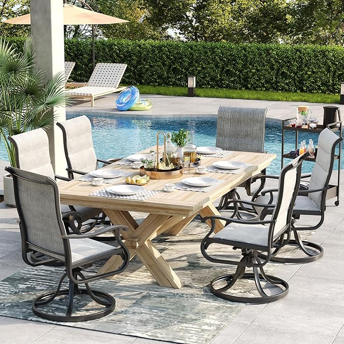 Patio Swivel Chairs Set of 6, Outdoor Dining Chairs with High Back, All-Weather Swivel Rocker Chair for Lawn, Porch or Garden (Padded Grey)