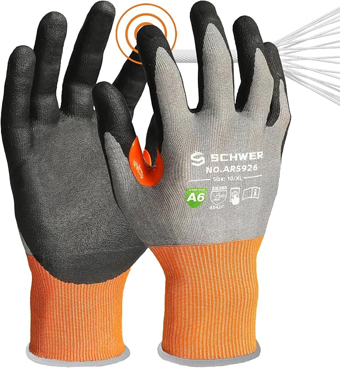 Schwer A6 AIR-SKIN Cut Resistant Work Gloves, Comfortable & Breathable, 21-Gauge Seamless Knit Flexible Safety Working Gloves with Grip for Refined Tasks, Touch-screen, Non PFAS, 1 Pair, XL, AR5926