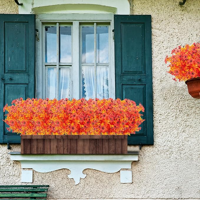 XEOLIAN 12 Bundles Artificial Fall Flowers Fake Plastic Plants Indoor Outside Hanging Planter No Fade Faux Autumn Plants Thanksgiving Christmas Wedding Party Home Garden Fireplace Décor (Gold Yellow)