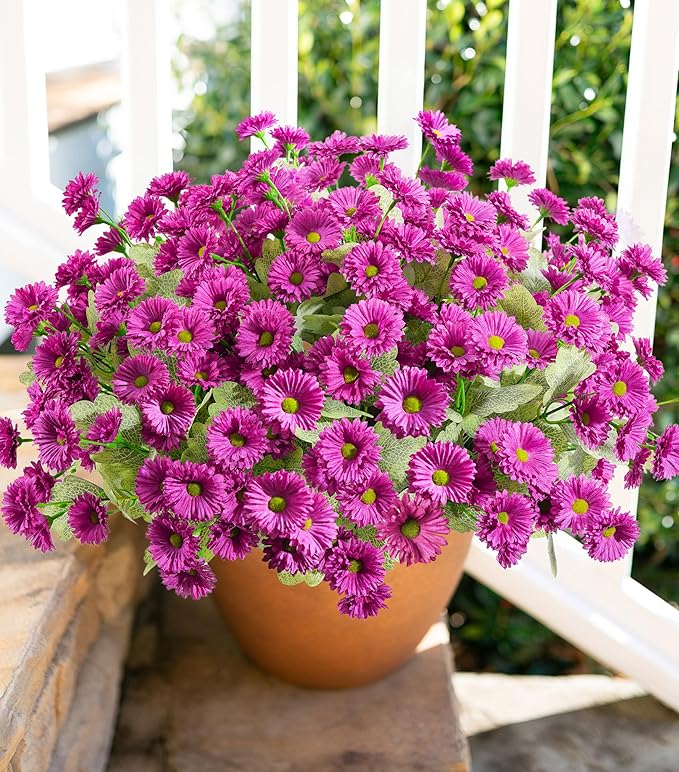 HyeFlora Artificial Flowers for Outdoors Spring Summer Outside Decor, 6 Bundles Fake Daisy Wild Silk Flowers UV Resistant Outdoor Faux Plants for Planter Front Door Porch Balcony Yard, Fuchsia