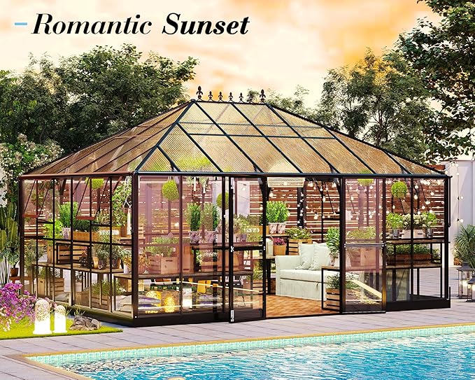 Jocisland 16x12x9.5 FT Polycarbonate Greenhouse with Clear Panels- 6 FT Wall Height Walk-in Greenhouse with 4 Vents, Double Doors with Hook, Outdoor Aluminum Greenhouses for Backyard Garden