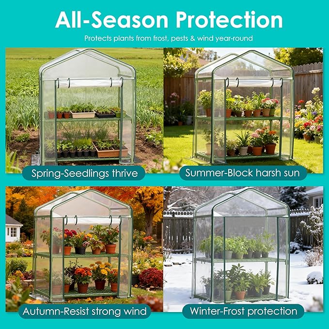 Twira 2-Tier Mini Greenhouse Outdoor, Portable Small Greenhouses for Winter, PE-Coated Metal Frame & PVC Cover Green House for Outside Plants, Indoor Greenhouse Women Men Gardening Gifts 2.3x1.6x3ft