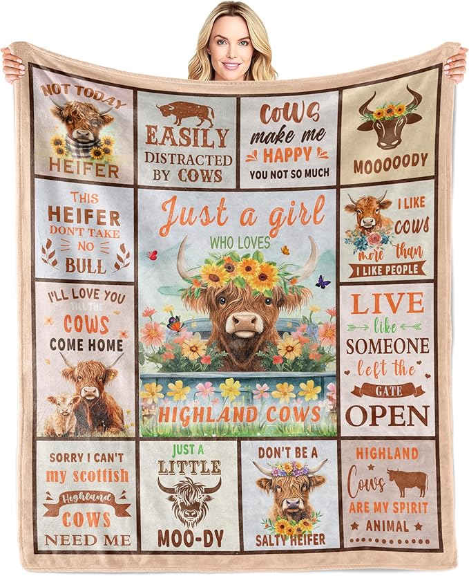 LNKRFRPA Highland Cows Blanket, Highland Cow Gifts, Highland Cow Decor, Cow Print Blanket, Cow Gifts for Women, Cow Print Throw Blanket 60"x50"
