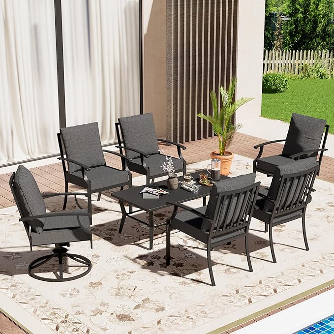7-Piece Patio Conversation Set, Patio Furniture Set with 4 Stationary & 2 Swivel Chairs with Thick Cushions & a Rectangular All-Iron Coffee Table, Metal Patio Seating Set for lawns, Patio,Grey
