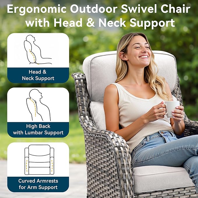 Luxury High Back Outdoor Swivel Rocker Patio Chairs with Side Table & 6-Inch Thick Cushions, 2 Pieces Patio Furniture Set for Porch, Balcony, Deck and Yard