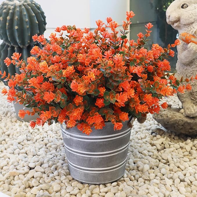 BCBLF Artificial Flowers for Outdoors, 12 Bundles UV Resistant Realistic Faux Plants for Outside Porch Planter, Spring Summer Home Garden Decoration, Green Orange