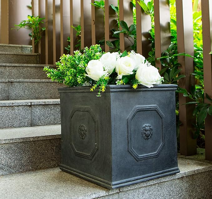 Kante Square Lion Head Concrete Planter, Classic English Style Plant Pot with Drainage Hole and Rubber Plug for Indoor Outdoor Garden Patio Home, 10.2"x10.2"x 10.2" Antique Gray