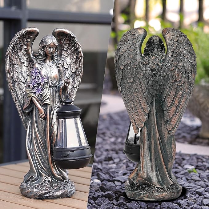VChymm Solar Angel Outdoor Garden Decor Statues – 13.2 inches Solar Outdoor Sculptures for Outside Yard Art Patio Balcony Front Lawn Ornaments Gifts for Mom Grandma Women（Bronze）