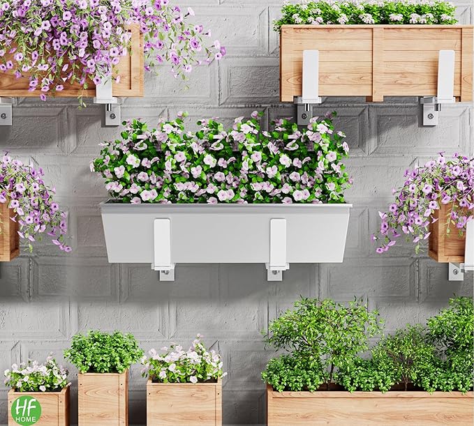 HFHOME 2 PCS Adjustable Planter Box Brackets (6 to 12.5 in), Universal Window Box Brackets, Heavy Duty Metal Flower Box Wall Mounting Hooks for Balcony, Fences, Patio, and Garden - White