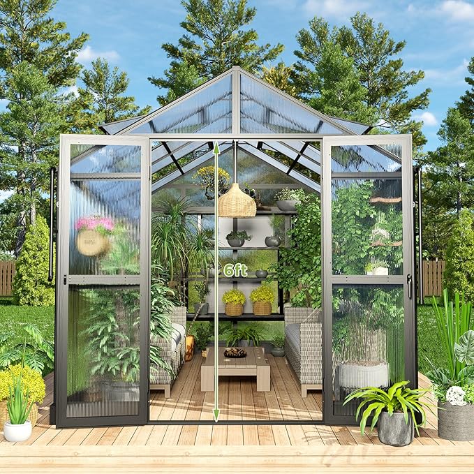 HOWE 8x12x7.5 FT Polycarbonate Greenhouse Double Swing Doors 4 Vents 5.2FT Added Wall Height, Walk-in Large Aluminum Sunroom Winter Greenhouse for Outdoors, Black