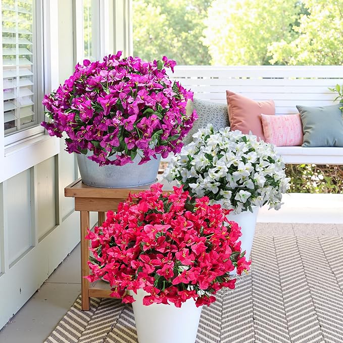 Ivydale Artificial Flowers for Outdoors Spring Summer Decor, 4 Bundles Fake Bougainvillea Silk Flowers for Outside Faux Outdoor Plants UV Resistant Realistic for Planter Patio Porch Balcony, Hotpink