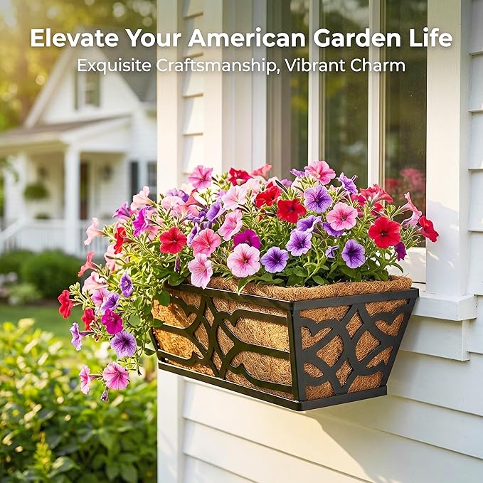 Railing Planter Box, Window Planter Boxes Outdoor 4 Pack 16 Inch Hanging Planter with Adjustable Bracket for Porch, Fence Flower Baskets with Coco Liners