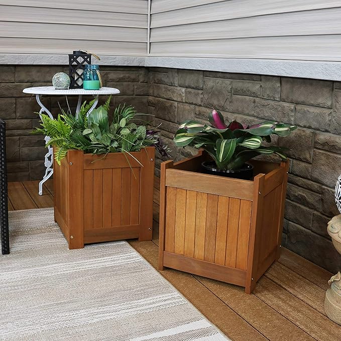 Sunnydaze 16-Inch Meranti Wood Planter Boxes for Outdoor Plants - Square Large Planter Boxes with Teak Oil Finish - Set of 2