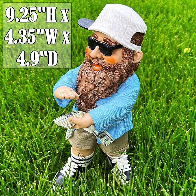 Mood Lab Garden Gnome - Lucky Rich Gnome Statue - 9.25 Inch Tall Lawn Figurine - for Outdoor or House Decor