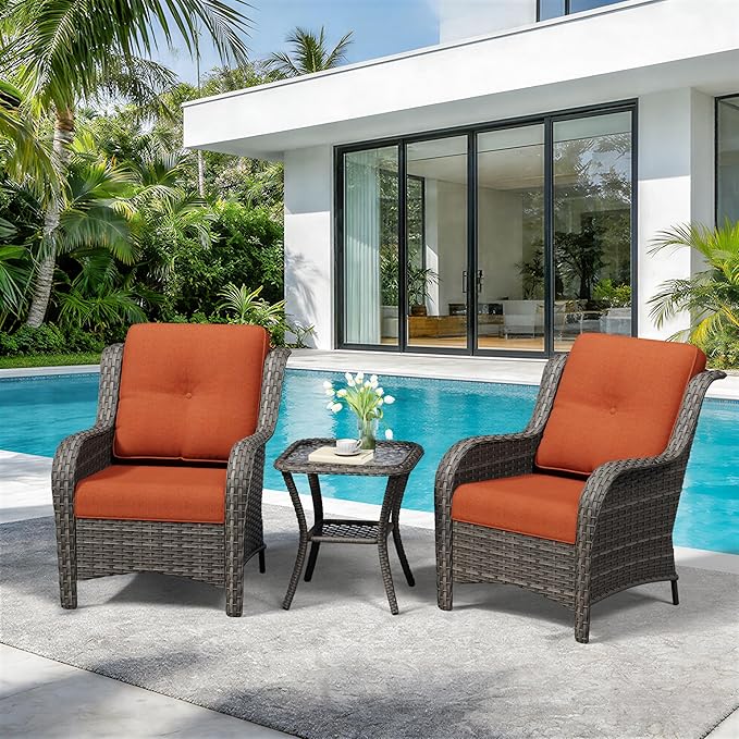 3 Pieces Outdoor Wicker Patio Furniture Set - Patio Chairs Set with Thickened Olefin Cushions, High Back and Deep Seating, Curved Armrest, PE Rattan for Porch, Deck, Balcony,Orange