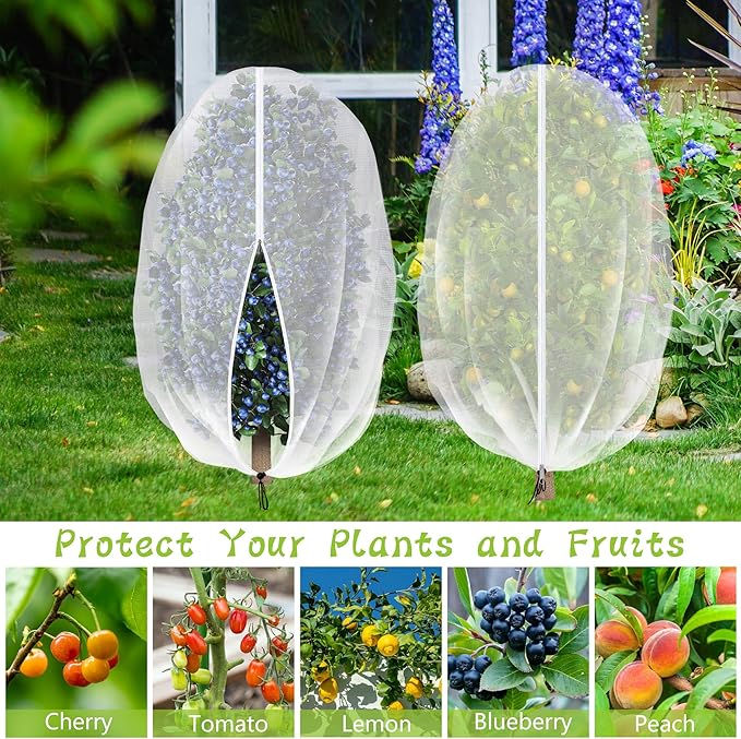 4 Pcs Fruit Tree Netting with Zipper & Drawstring, 4.9 x 3.2 Ft Garden Bird Netting Plant Cover, Blueberry Tomato Insect Bird Barrier Tree Net Protection Cover for Protecting Plants Vegetables Fruits