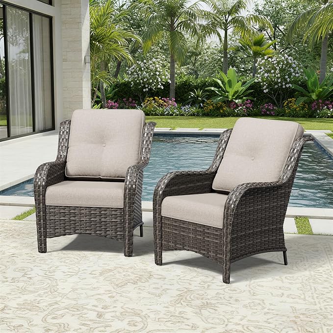 Joyside Patio Chairs Set of 2, Wicker Patio Furniture with High Back, Deep Seating, Wide Armrest, Thickened Cushions, Outdoor Rattan Furniture for Deck, Porch Use