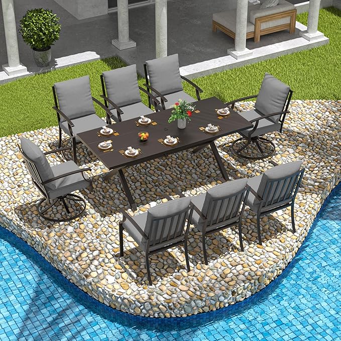 9-Piece Patio Dining Set Outdoor Conversation Set,Metal Outdoor Furniture Set with Umbrella Hole Cut-Out 78.7" x 35.4" Table and 8 Metal Chairs for Backyard,Garden,Grey