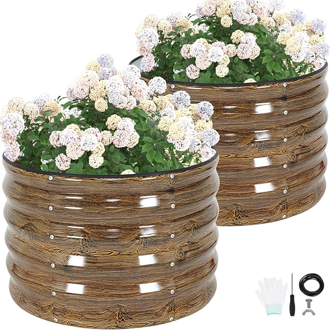 G GOOD GAIN Round Raised Garden Bed - 2Pcs 2x2x1.3ft Galvanized Steel Planter Boxes Outdoor with Rubber Edge Trim | Metal Raised Beds for Gardening Vegetables Flowers Fruits Herbs (Wood Grain)