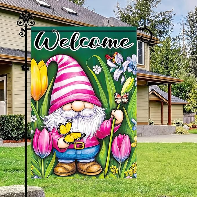 Spring Garden Flag 12x18 Inch Double Sided Cute Gnome Butterfly Outside Holiday Yard Welcome Spring Yard Flags Seasonal Decorations of Turmeric Flowers Outside Holiday Farmhouse Flag