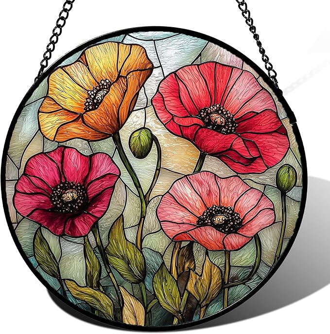AMDERVEN Stained Glass Window Hanging, Red Orange Poppy Birth Flowers Sun Catcher for Door Garden Yard Decor Wildflowers Suncatcher Christmas Mother Birthday Gifts for Women Men Mom Nana 15 in