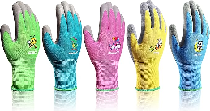5 Pairs Kids Gardening Gloves Yard Work Gloves Children Soft Safety Rubber Coated Glove for Toddlers Youth Girls Boys Children (9-12yr L)