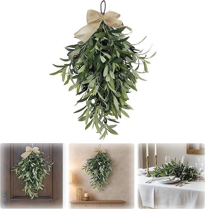 2026 Spring Olive Branch Teardrop Swag 24 Inch, Extra Full & Thick Faux Greenery with Upgraded Ribbon & Textured Leaves, Sturdy Farmhouse Hanging Wreath for Door, Wedding Arch, Kitchen, Bathroom Decor