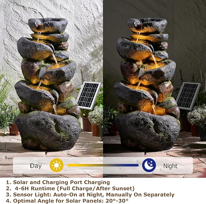 5-Tier Rock Solar Water Fountain Outdoor Garden, 36.2''Tall Cascading Natural Solar Powered Fountain Outdoor with LED Lights, Water Feature for Garden, Patio, Deck, Backyard Decor