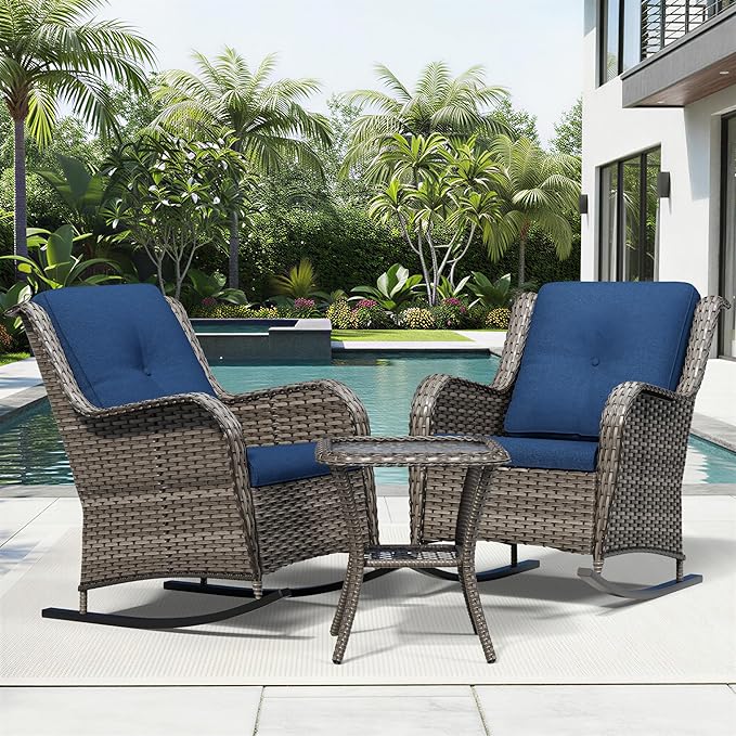 Joyside 3 Piece Wicker Patio Furniture Set, Outdoor Rocking Chair with High Back, Deep Seating, Wide Armrest, Thickened Cushions, Outdoor Rattan Furniture for Deck, Porch Use
