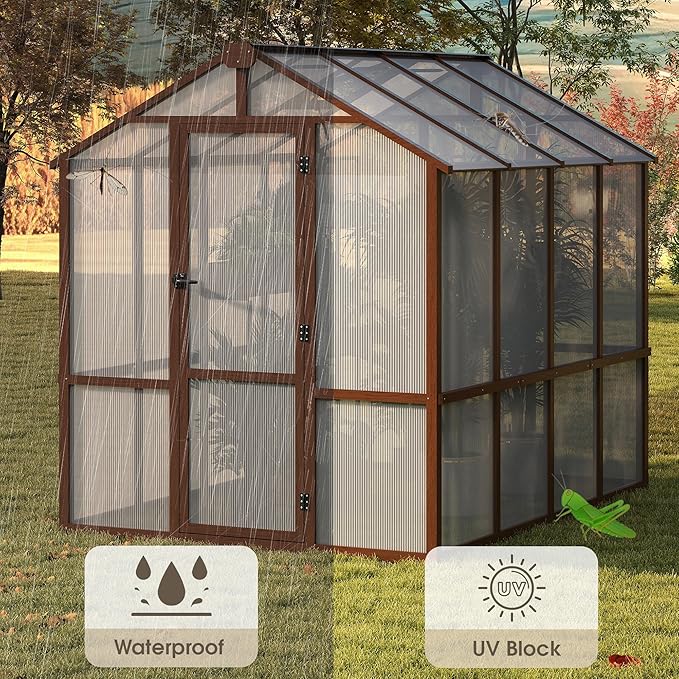 Large Walk in Greenhouse for Outdoors, 6x8 FT Length Heavy Duty Polycarbonate Panel Wooden Frame with Roof Vent & Lockable Outward-Opening Swing Door, All Season Garden Greenhouse for Backyard Patio