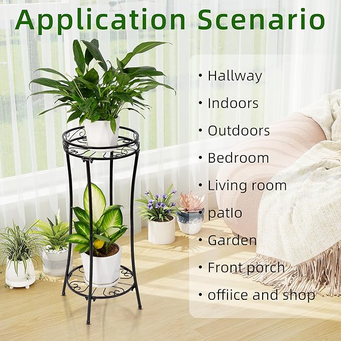 Azysow Plant Stand Indoor Outdoor 2 Tier 29" Tall Metal Heavy Duty Rustproof Plant Shelf, Round Multi Tier Flower Pot Holder for Garden Patio Balcony, Black